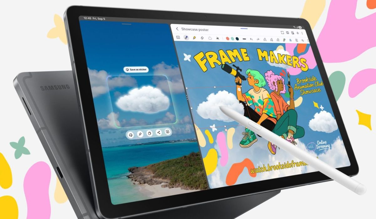 Samsung Galaxy Tab S10 Lite resting on a table, showcasing its sleek design and large 10.9-inch display with the S Pen attached.
