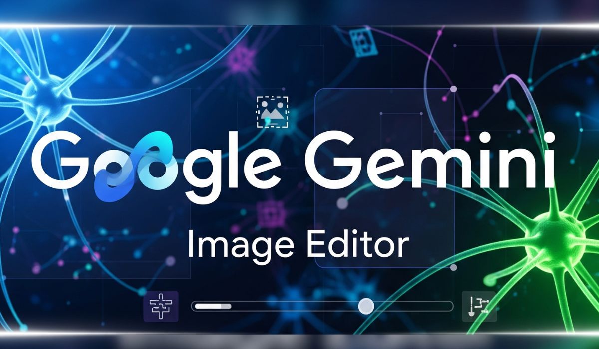 A futuristic, horizontal banner for a tech blog post about the "Google Gemini Image Editor." The title is displayed in a luminous white, modern font against a deep blue and purple background with a subtle gradient. The background is composed of glowing neural network lines and interconnected nodes, suggesting advanced AI and computational power. A translucent overlay of image editing tools, like a slider bar and a selection marquee, is subtly integrated. The overall color scheme is cool and technological, with bright highlights drawing the eye to the title and the AI-themed background.