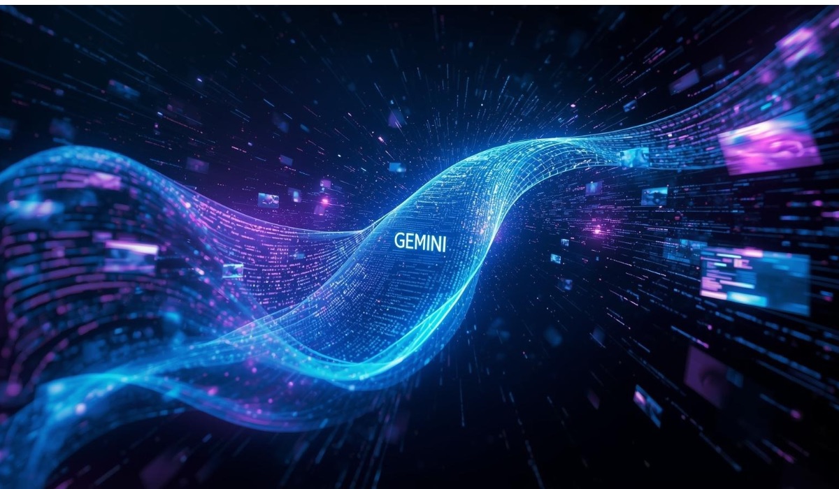 A digital illustration representing the multimodal capabilities of Gemini AI, with text, code, images, and video icons merging into a stylized Google Gemini logo in a high-tech setting.