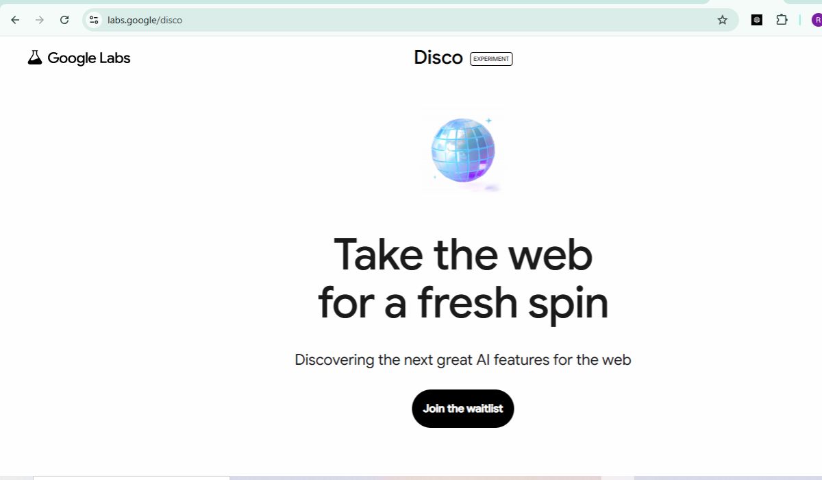 Screenshot of Google Labs Google Disco Browser experiment webpage showing “Take the web for a fresh spin” with a join waitlist button.