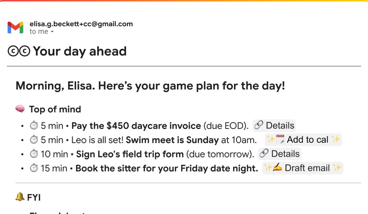 Google CC AI Productivity Agent showing a personalized daily briefing email inside Gmail.