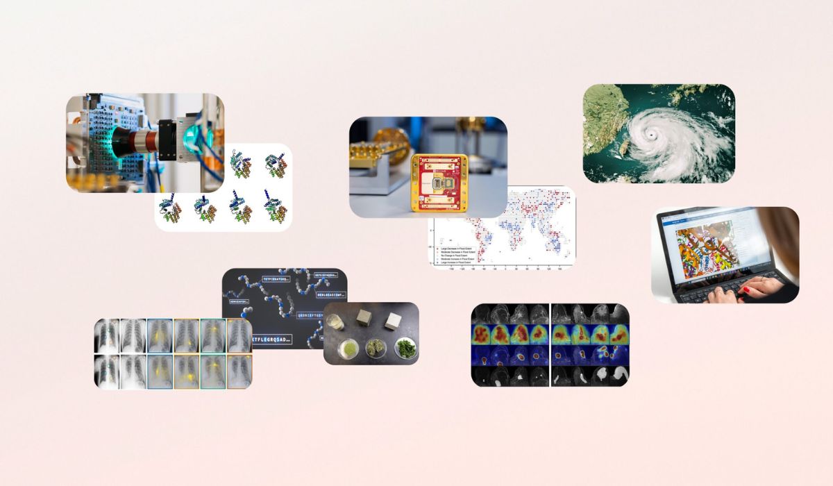 A collage of scientific and technological research visuals, including lab equipment, molecular structures, climate models, medical imaging, AI-generated maps, and advanced computing hardware by Microsoft Researchers.