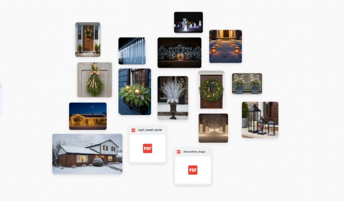 Collection of winter holiday home decoration photos including wreaths, lanterns, outdoor lights, snowy houses, and PDF guides displayed on a Mixboard-style layout. Presentations With Nano Banana Pro