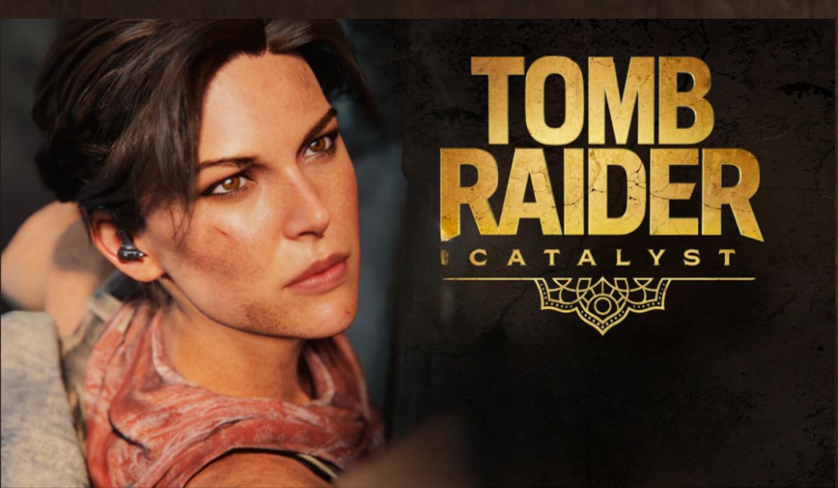 Lara Croft in the Tomb Raider Catalyst teaser trailer with the official game logo displayed on a textured background.