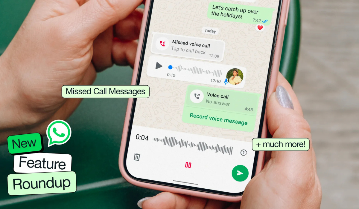 Person holding a smartphone displaying WhatsApp’s New Features 2025 such as missed call messages and voice message recording feature.
